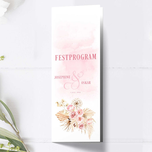 Festprogram till bröllop – Boho Rosa pampas – Avlångt tryckt programkort 10,5×29,7 cm BR011
