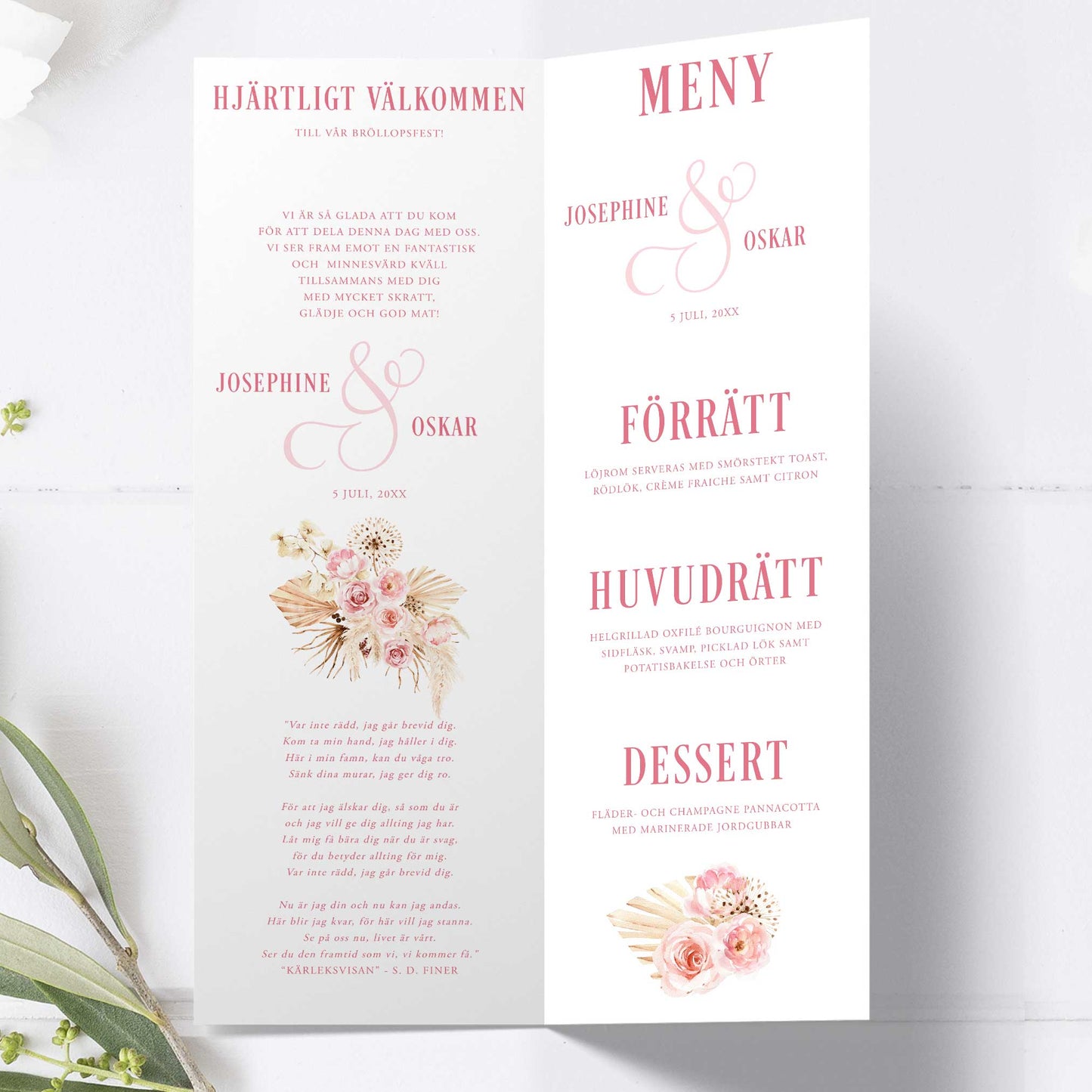 Festprogram till bröllop – Boho Rosa pampas – Avlångt tryckt programkort 10,5×29,7 cm BR011