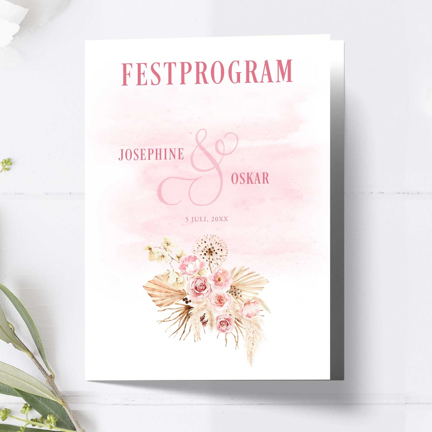 Festprogram litet, till bröllop – Boho Rosa pampas – Tryckt programkort 12,7x17,7 cm BR011
