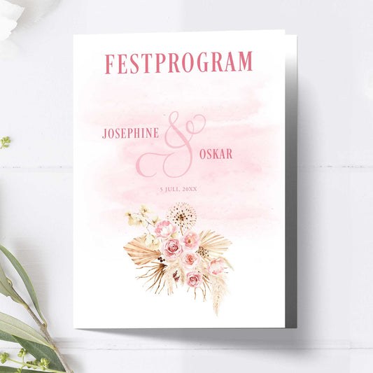 Festprogram litet, till bröllop – Boho Rosa pampas – Tryckt programkort 12,7x17,7 cm BR011