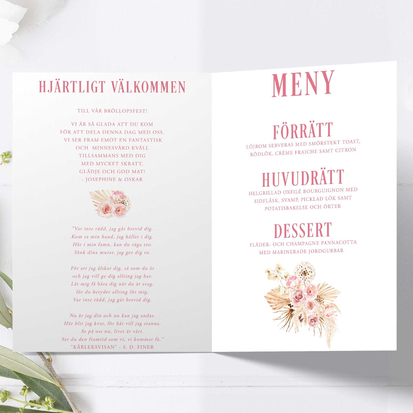 Festprogram litet, till bröllop – Boho Rosa pampas – Tryckt programkort 12,7x17,7 cm BR011