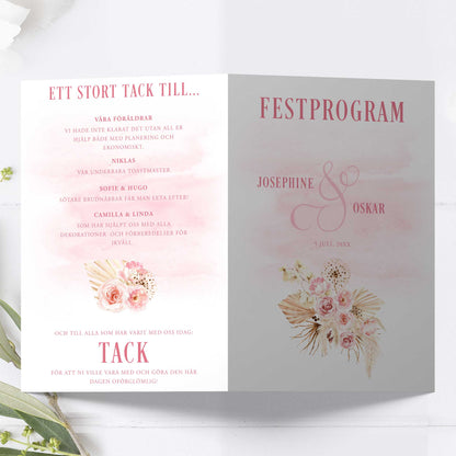 Festprogram litet, till bröllop – Boho Rosa pampas – Tryckt programkort 12,7x17,7 cm BR011