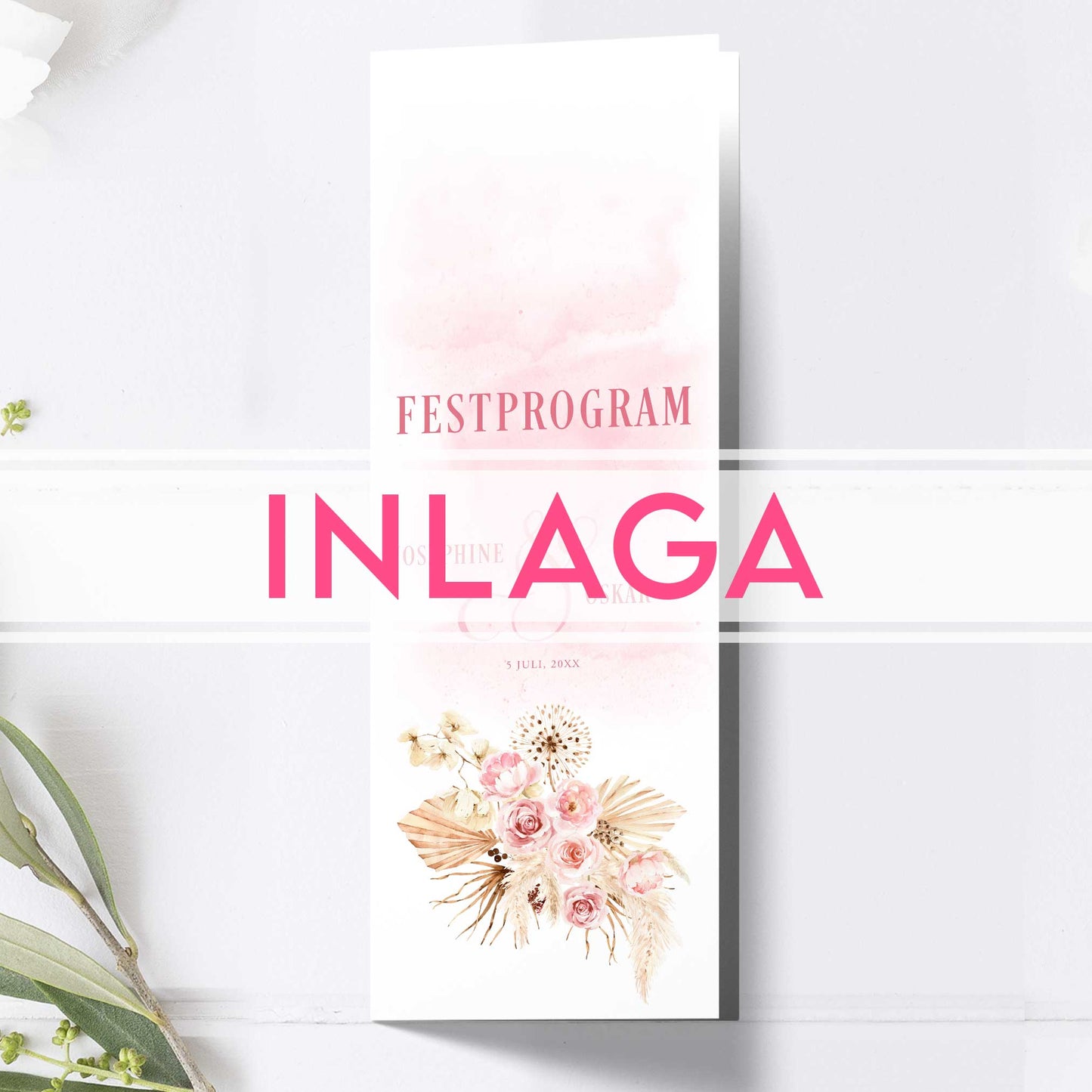 Lång Inlaga till festprogram – Boho Rosa pampas – Extra sidor till avlångt bröllopsprogram 10,5×29,7 cm BR011