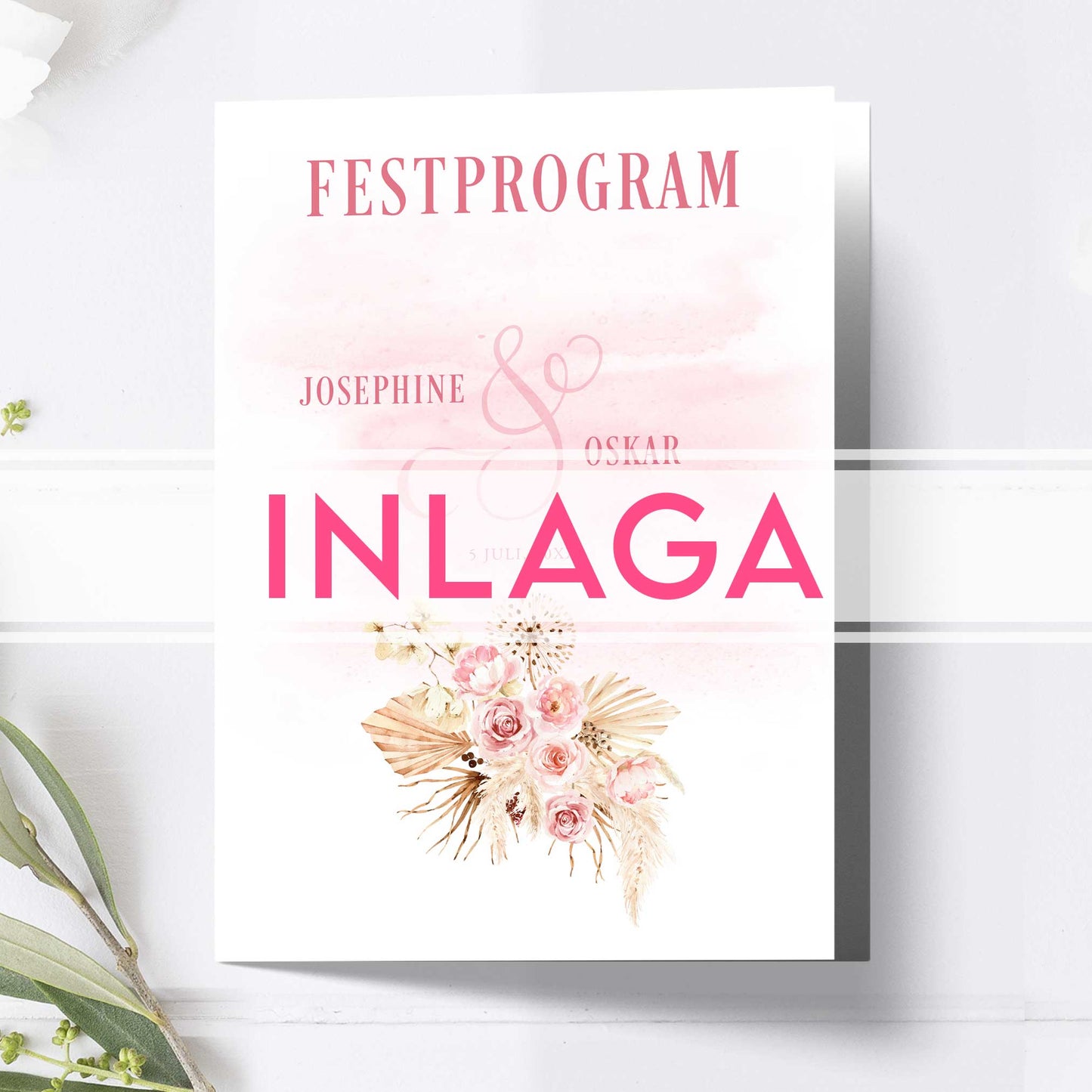 Inlaga till litet festprogram – Boho Rosa pampas – Extra sidor till litet bröllopsprogram 12,7x17,7 cm BR011