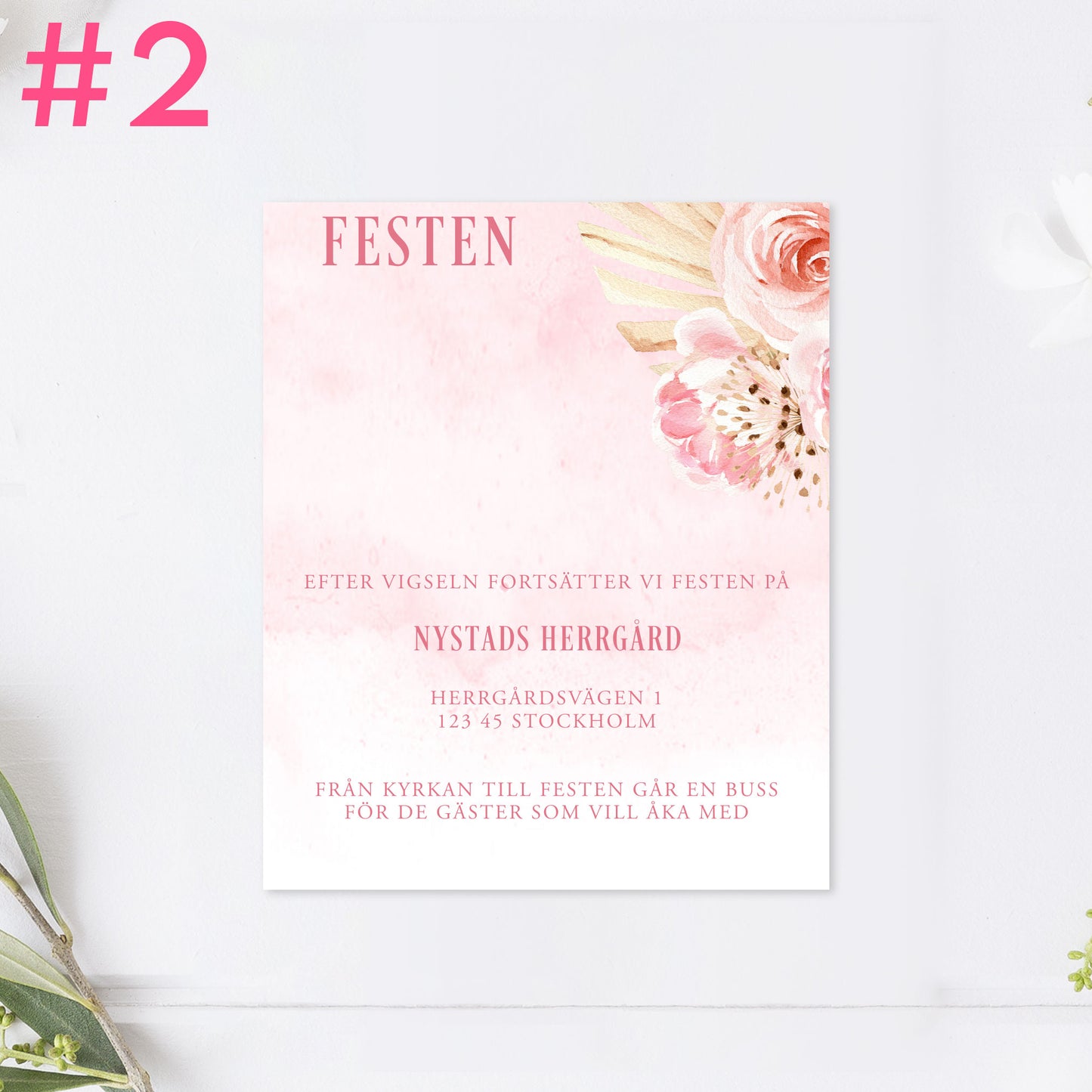 BR011-2 - Festinformation - Boho Rosa pampas  - Tryckt bröllopskort