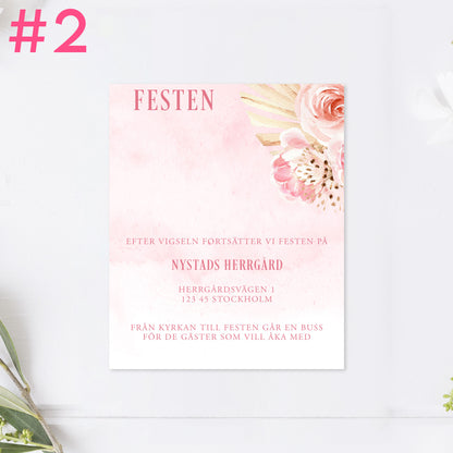 BR011-2 - Festinformation - Boho Rosa pampas  - Tryckt bröllopskort
