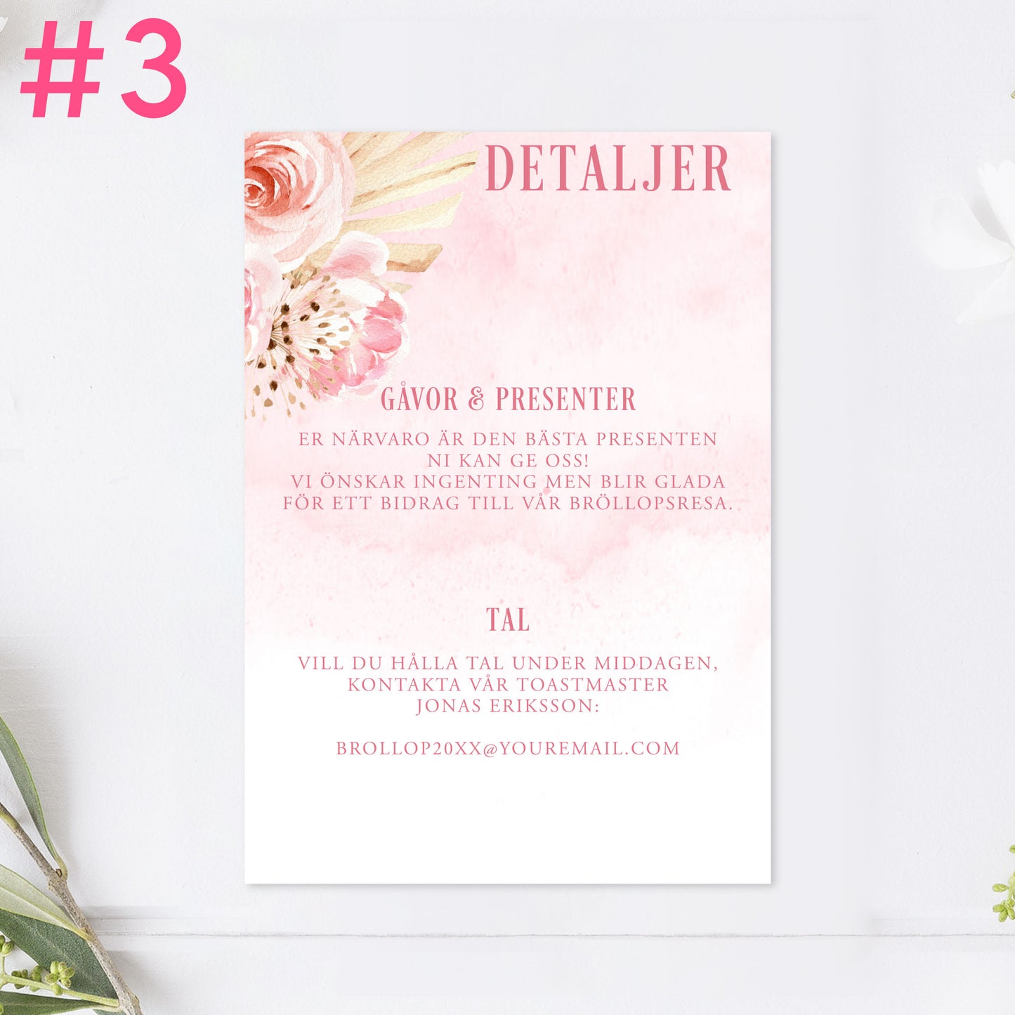 BR011-3 - Informationskort - Boho Rosa pampas  - Tryckt bröllopskort