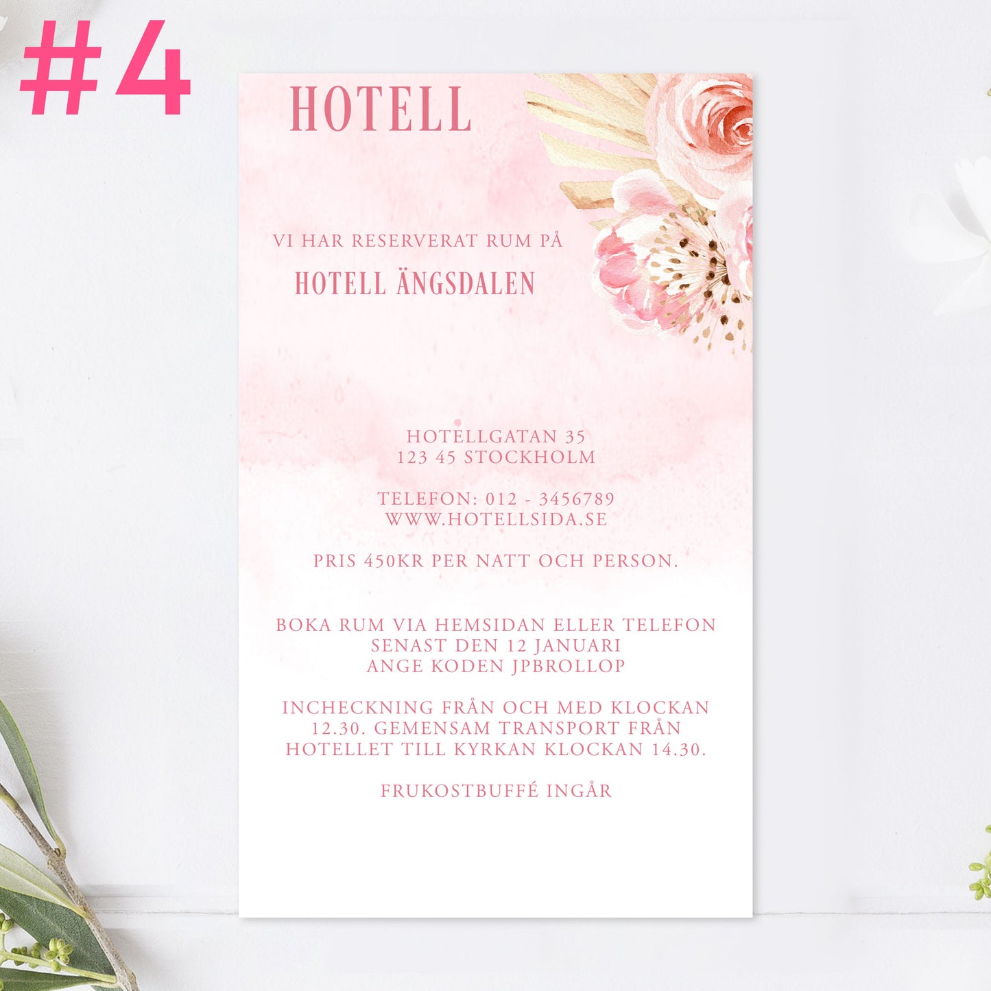 BR011-4 - Boendeinformation - Boho Rosa pampas  - Tryckt bröllopskort