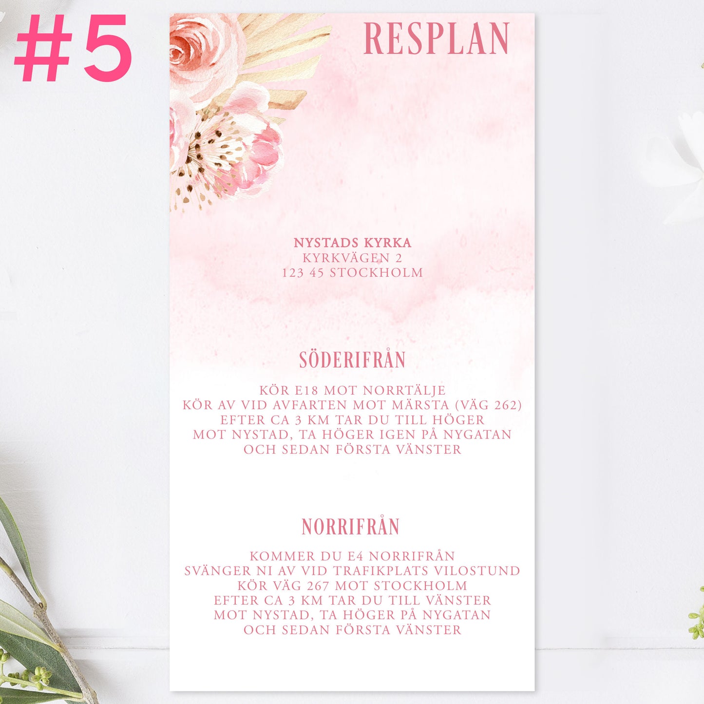 BR011-5 - Vägbeskrivning - Boho Rosa pampas  - Tryckt bröllopskort