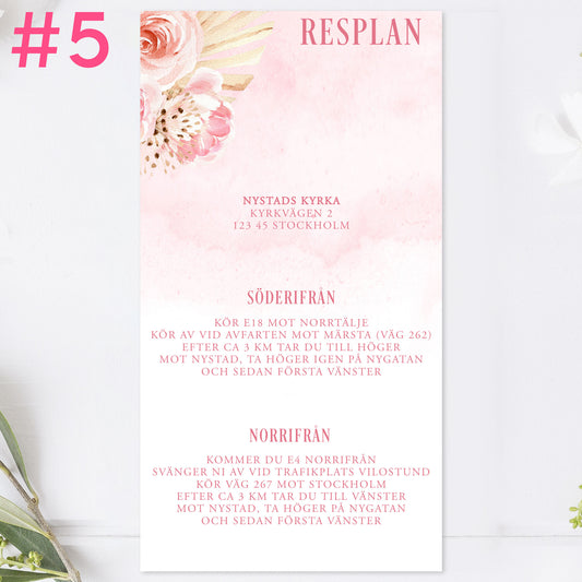 BR011-5 - Vägbeskrivning - Boho Rosa pampas  - Tryckt bröllopskort