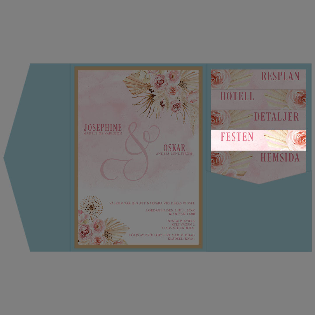 BR011-2 - Festinformation - Boho Rosa pampas  - Tryckt bröllopskort