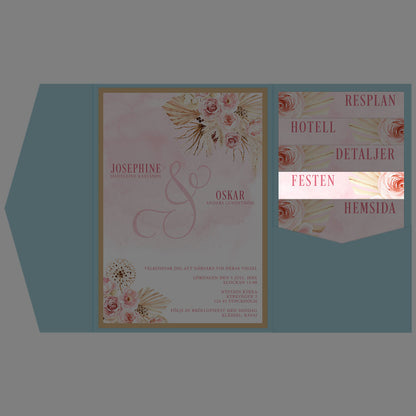 BR011-2 - Festinformation - Boho Rosa pampas  - Tryckt bröllopskort