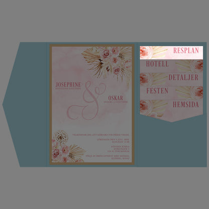 BR011-5 - Vägbeskrivning - Boho Rosa pampas  - Tryckt bröllopskort
