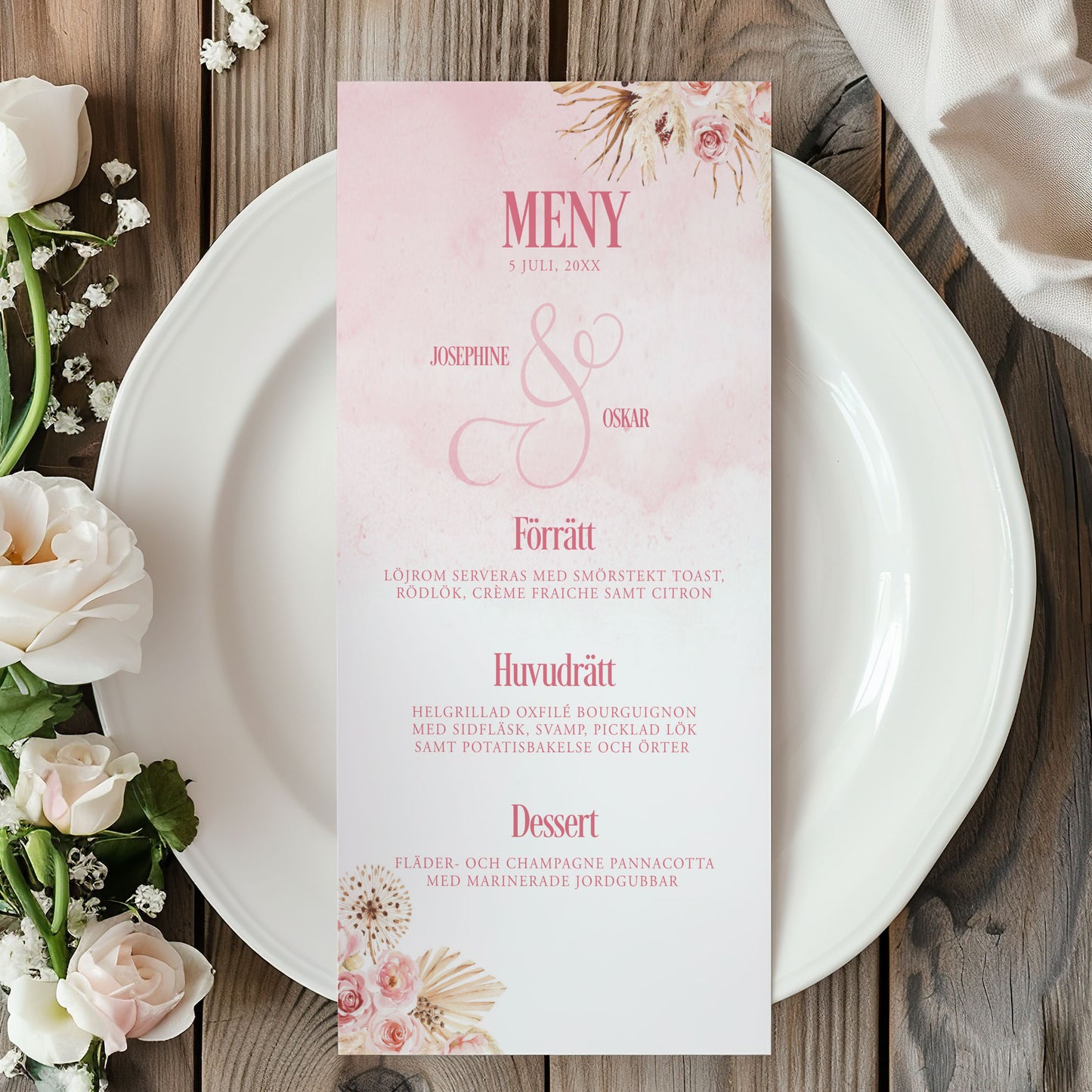 Menykort till bröllop – Rosa Boho akvarell & pampasdesign – Tryckt kort för bröllopsmeny BR011