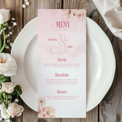 Menykort till bröllop – Rosa Boho akvarell & pampasdesign – Tryckt kort för bröllopsmeny BR011