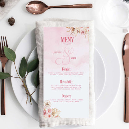 Menykort till bröllop – Rosa Boho akvarell & pampasdesign – Tryckt kort för bröllopsmeny BR011