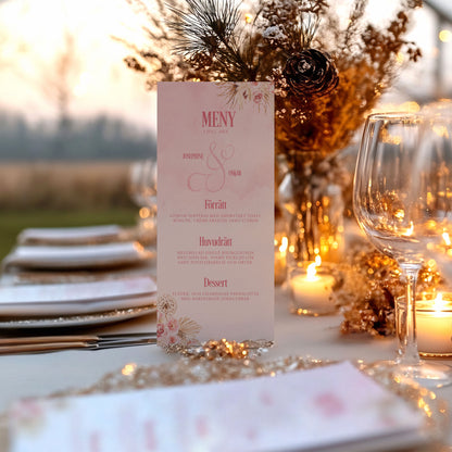 Menykort till bröllop – Rosa Boho akvarell & pampasdesign – Tryckt kort för bröllopsmeny BR011