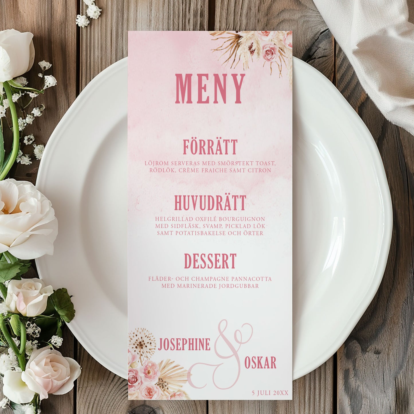 Menykort till bröllop – Rosa Boho akvarell & pampasdesign – Tryckt kort för bröllopsmeny BR011