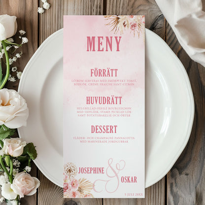Menykort till bröllop – Rosa Boho akvarell & pampasdesign – Tryckt kort för bröllopsmeny BR011