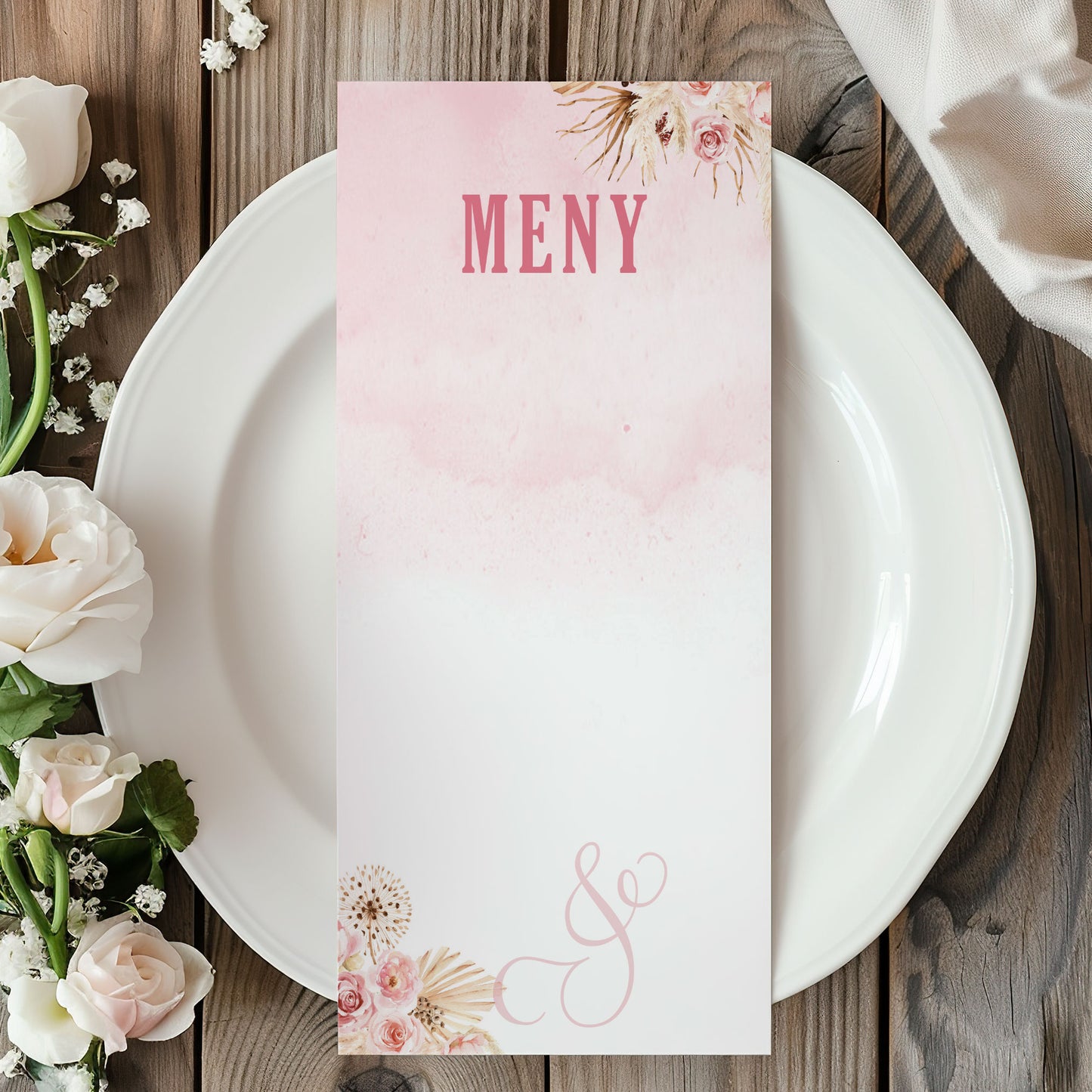 Menykort till bröllop – Rosa Boho akvarell & pampasdesign – Tryckt kort för bröllopsmeny BR011