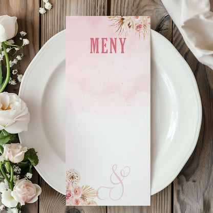 Menykort till bröllop – Rosa Boho akvarell & pampasdesign – Tryckt kort för bröllopsmeny BR011
