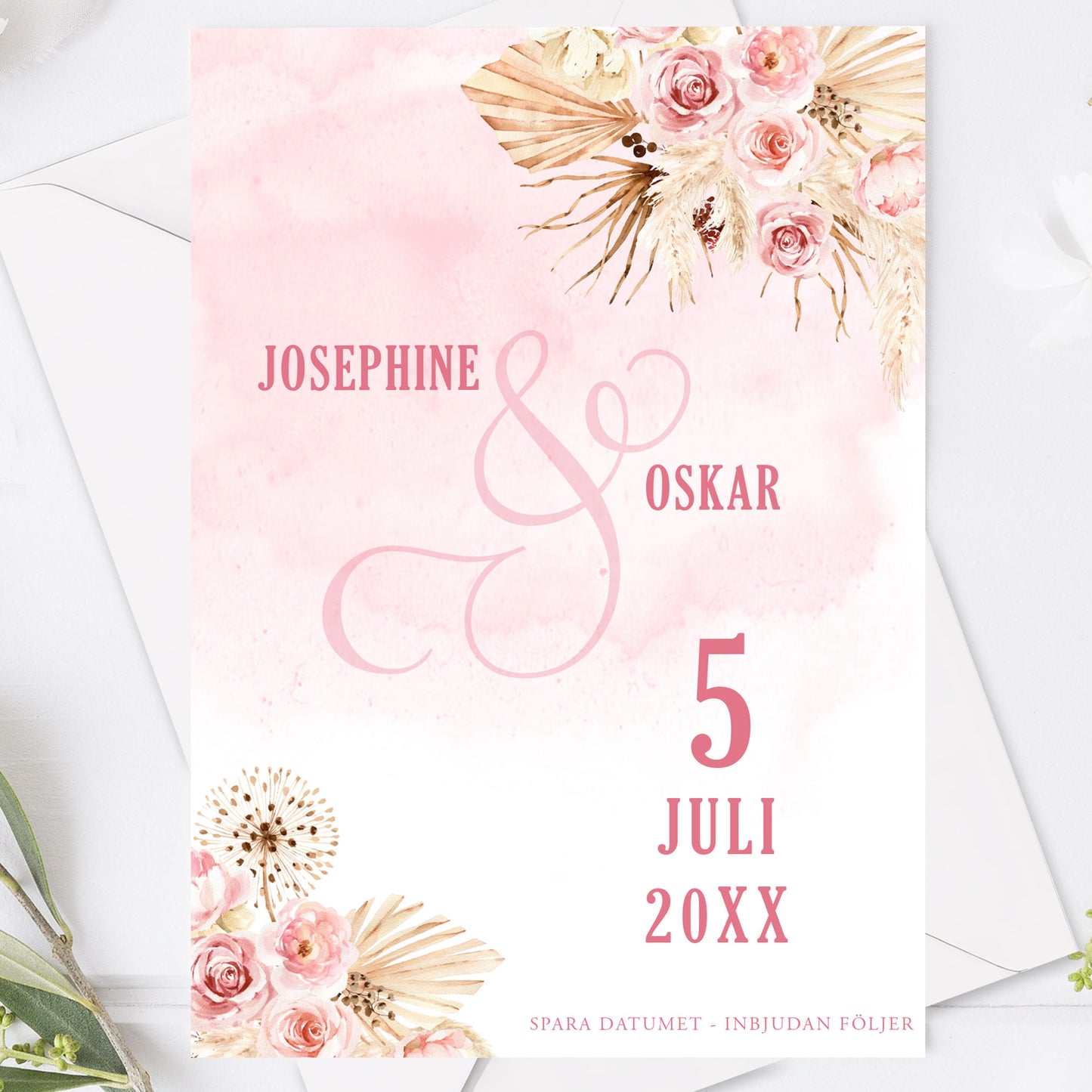 Save the Date-kort – Rosa Boho akvarell & pampasdesign - A6 Tryckt kort för bröllopsdatum BR011
