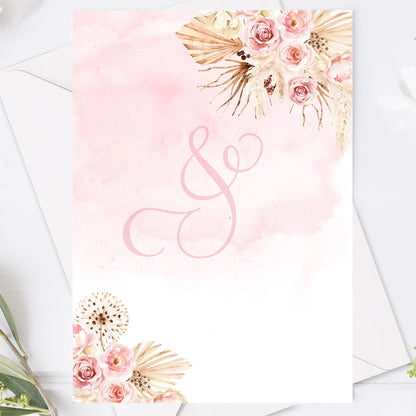Save the Date-kort – Rosa Boho akvarell & pampasdesign - A6 Tryckt kort för bröllopsdatum BR011