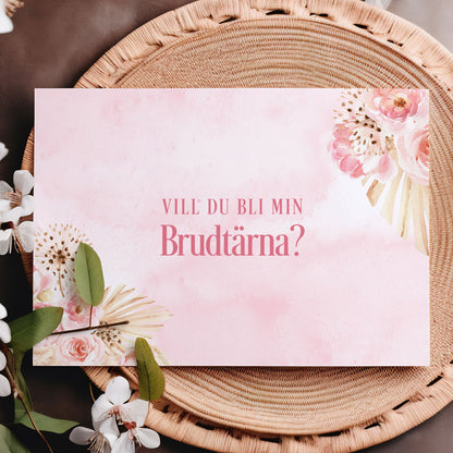 Vill du bli-kort – Rosa Boho akvarell & pampasdesign – A6 Tryckt fråga till brudfölje BR011