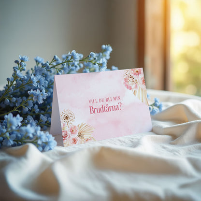Vill du bli-kort – Rosa Boho akvarell & pampasdesign – A6 Tryckt fråga till brudfölje BR011