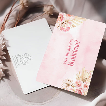 Vill du bli-kort – Rosa Boho akvarell & pampasdesign – A6 Tryckt fråga till brudfölje BR011