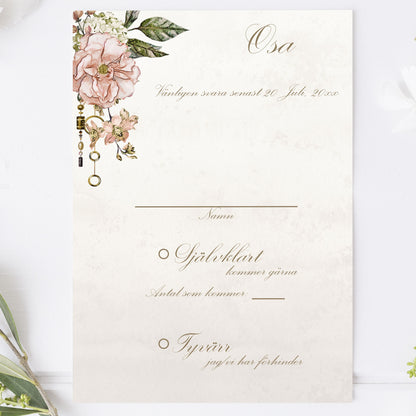 OSA-kort med kuvert (8 färger) – A6 Vintage Rosa Steampunk – Bröllopskort BR012