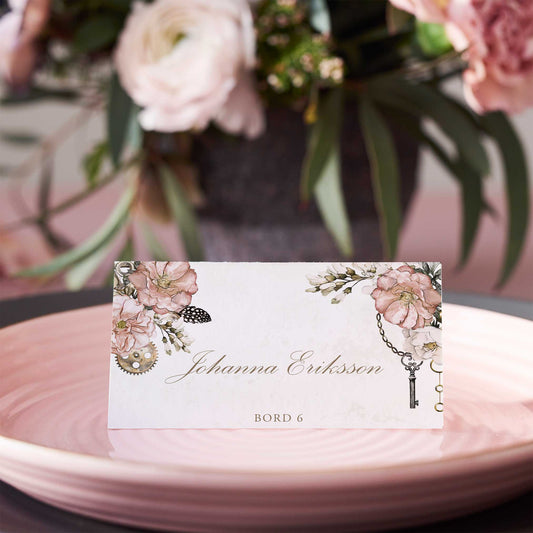 Vikta placeringskort till bröllop – Steampunk vintageklocka och blommönster – Tryckt kort med namn för dukning BR012