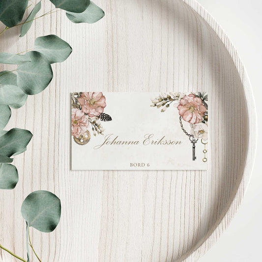 Enkla placeringskort till bröllop – Steampunk vintageklocka och blommönster – Tryckt kort med namn för dukning BR012