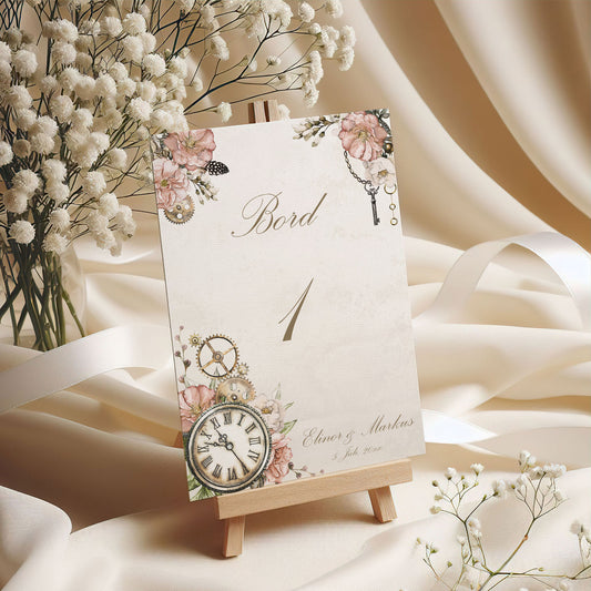 Bordsnummerkort till bröllop – Vintage Rosa Steampunk – Tryckt kort för dukning och bordsplacering BR012