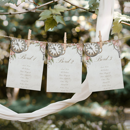 Bordsplaceringskort till bröllop – Steampunk vintageklocka och blommönster – Titelskylt & bordskort för gäster BR012