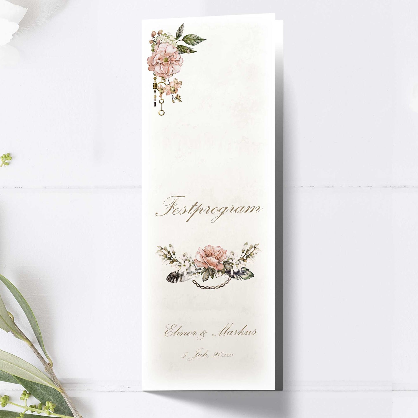 Festprogram till bröllop – Vintage Rosa Steampunk – Avlångt tryckt programkort 10,5×29,7 cm BR012
