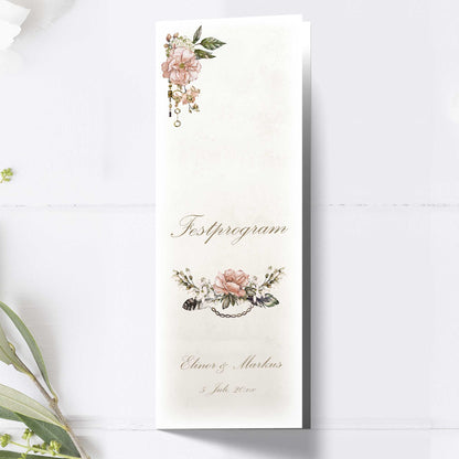 Festprogram till bröllop – Vintage Rosa Steampunk – Avlångt tryckt programkort 10,5×29,7 cm BR012