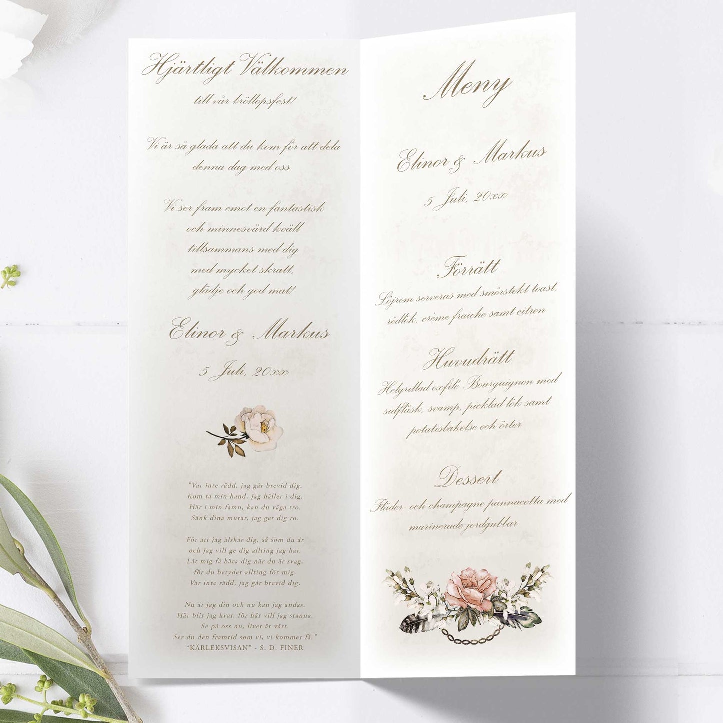 Festprogram till bröllop – Vintage Rosa Steampunk – Avlångt tryckt programkort 10,5×29,7 cm BR012