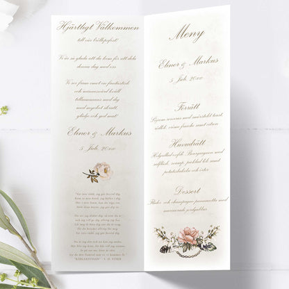 Festprogram till bröllop – Vintage Rosa Steampunk – Avlångt tryckt programkort 10,5×29,7 cm BR012