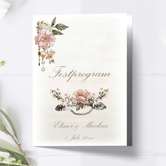 Festprogram litet, till bröllop – Vintage Rosa Steampunk – Tryckt programkort 12,7x17,7 cm BR012
