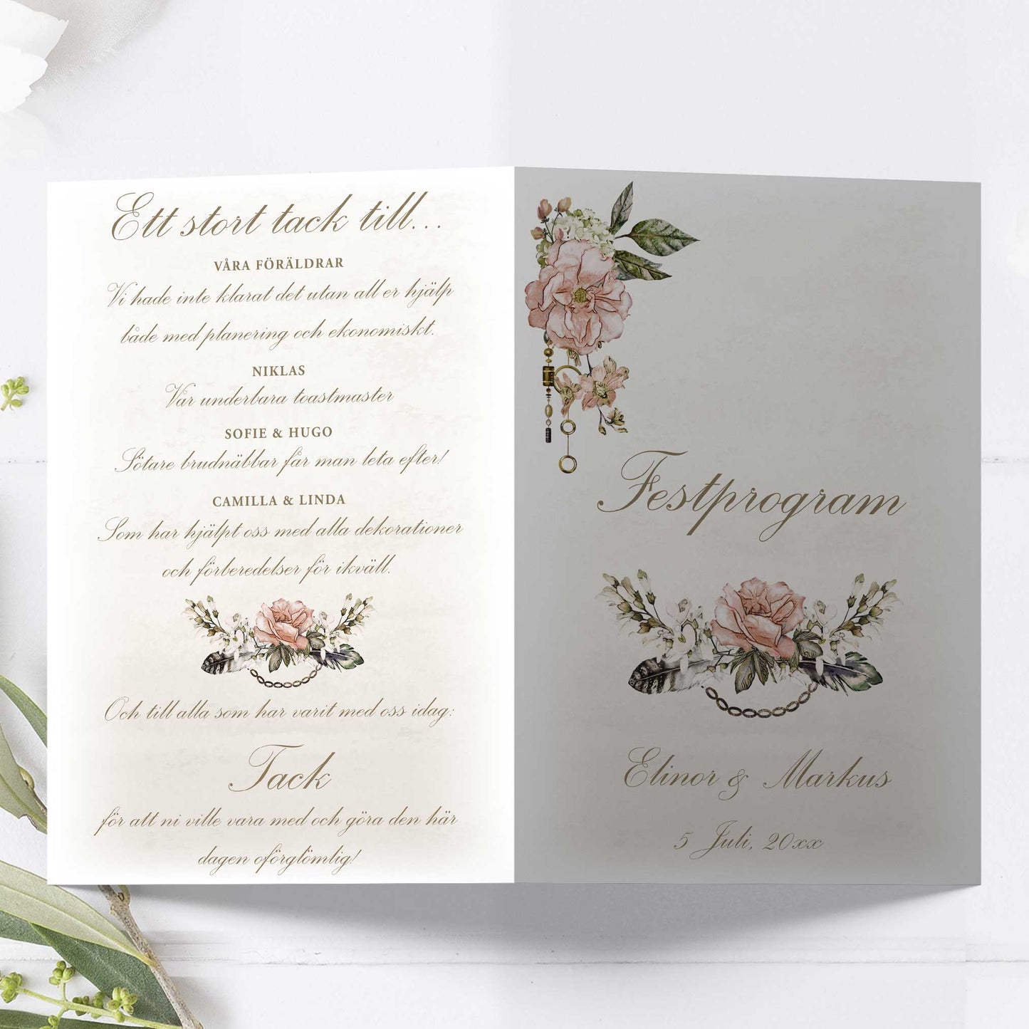 Festprogram litet, till bröllop – Vintage Rosa Steampunk – Tryckt programkort 12,7x17,7 cm BR012