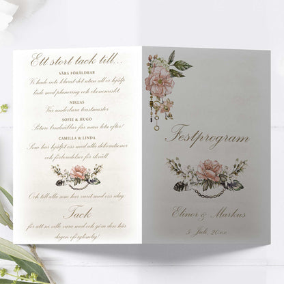 Festprogram litet, till bröllop – Vintage Rosa Steampunk – Tryckt programkort 12,7x17,7 cm BR012