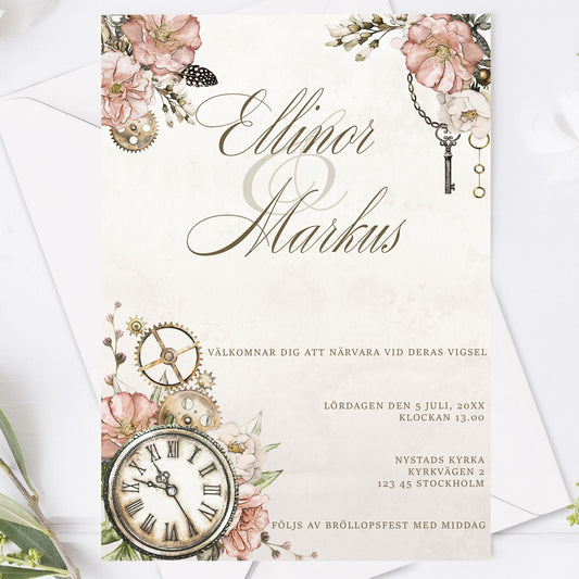 Steampunk bröllopsinbjudan – vintageklocka och blommönster – BR012