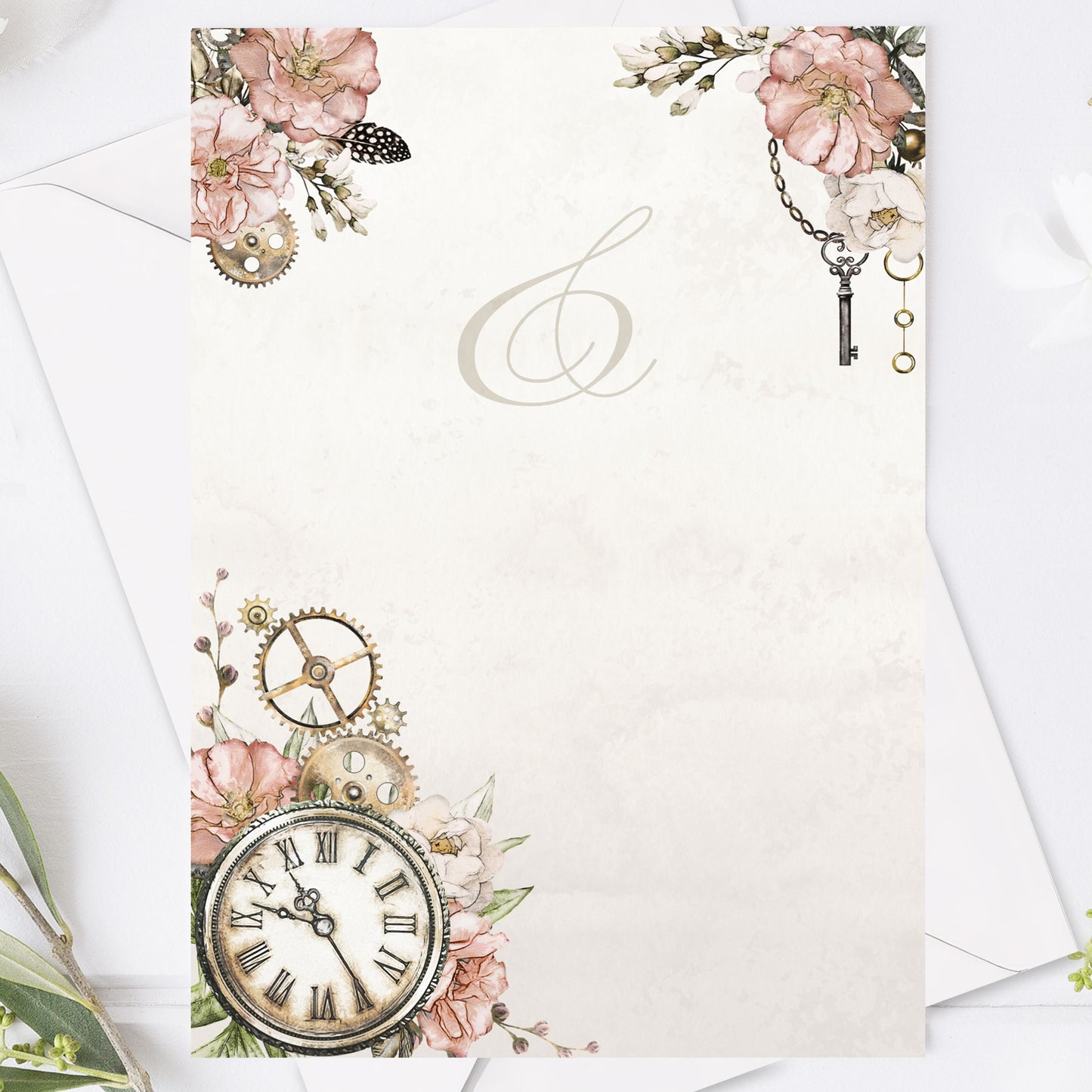 Steampunk bröllopsinbjudan – vintageklocka och blommönster – BR012