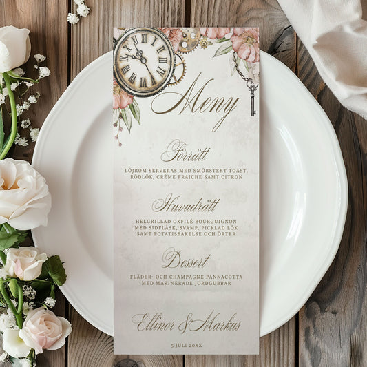 Menykort till bröllop – Steampunk vintageklocka och blommönster – Tryckt kort för bröllopsmeny BR012