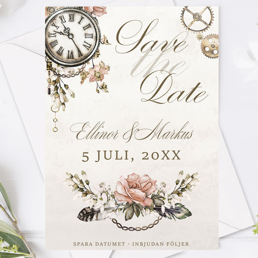 Save the Date-kort – Steampunk vintageklocka och blommönster - A6 Tryckt kort för bröllopsdatum BR012