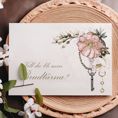 Vill du bli-kort – Steampunk vintageklocka och blommönster – A6 Tryckt fråga till brudfölje BR012