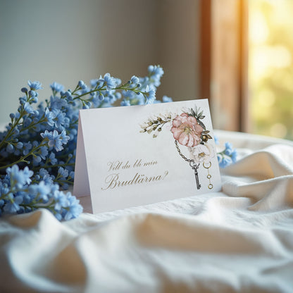 Vill du bli-kort – Steampunk vintageklocka och blommönster – A6 Tryckt fråga till brudfölje BR012