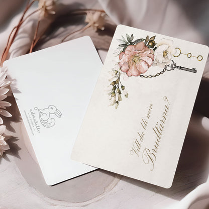 Vill du bli-kort – Steampunk vintageklocka och blommönster – A6 Tryckt fråga till brudfölje BR012