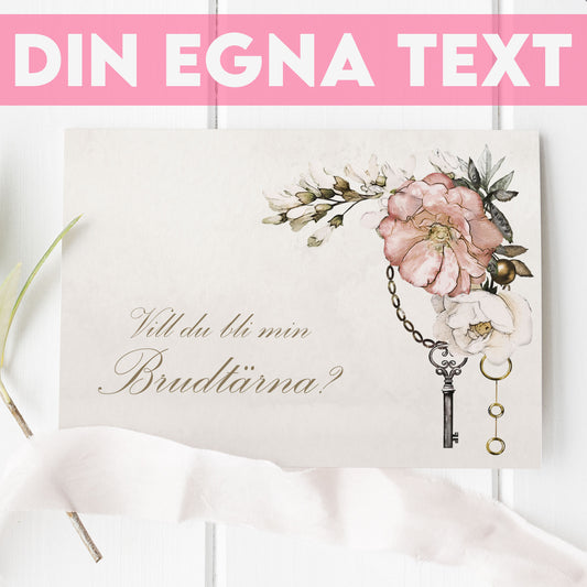 Vill du bli-kort – Steampunk vintageklocka och blommönster – A6 Tryckt fråga till brudfölje BR012